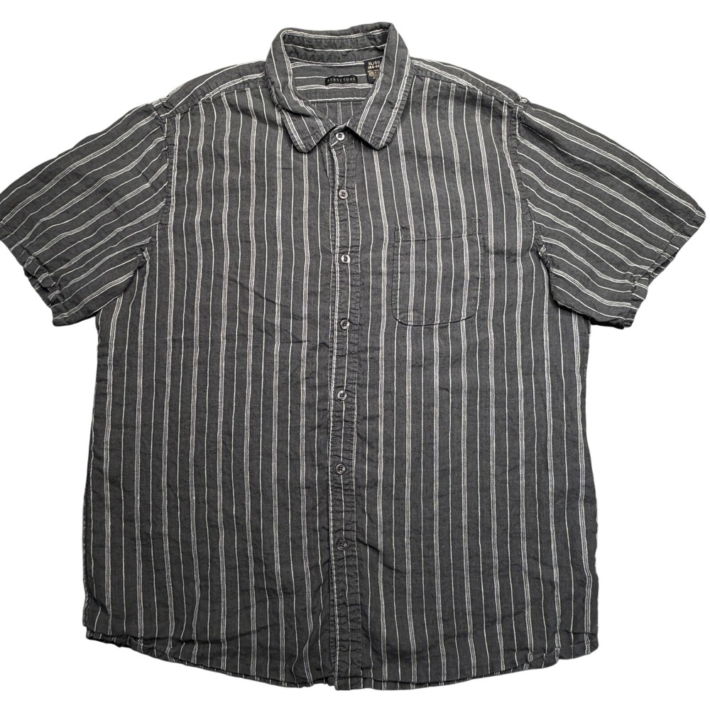 Vtg Y2K Structure Button Up Shirt Mens XL Gray Striped 100% Linen Short Sleeve